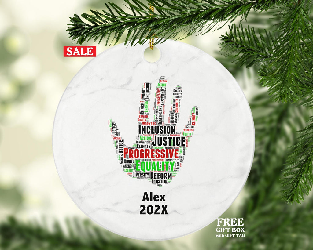 Progressive Equality Ornament – Justice, Inclusion & Diversity Word Art Gift – Personalized Hand Symbol Christmas Tree Decoration