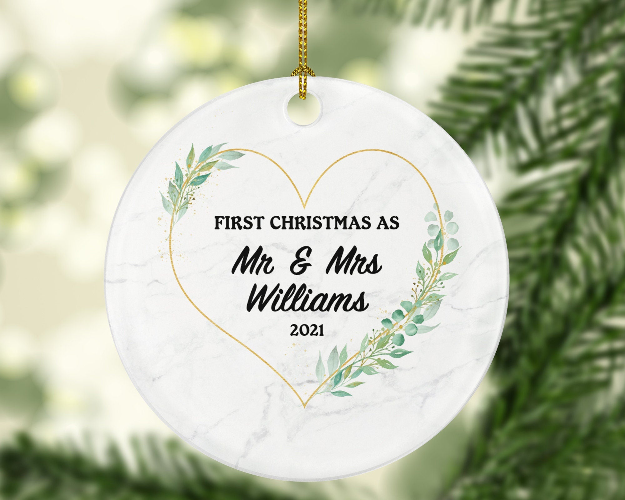 First Christmas as Mr & Mrs Married Couple Christmas Ornament Personalized - Newlywed Christmas First Custom Gift - Greenery Heart