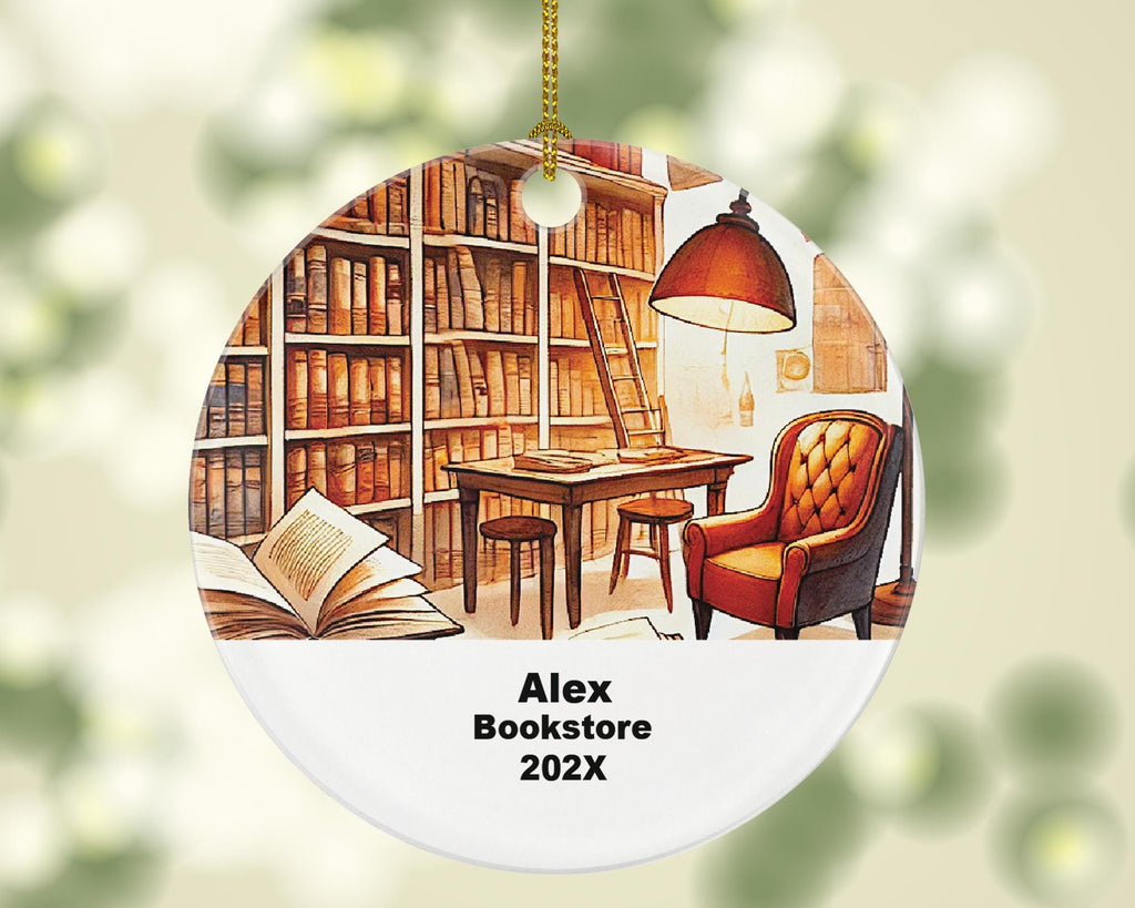 Personalized Bookstore Ornament – Custom Gift for Bookshop Owners – Literary Ornament with Name and Year