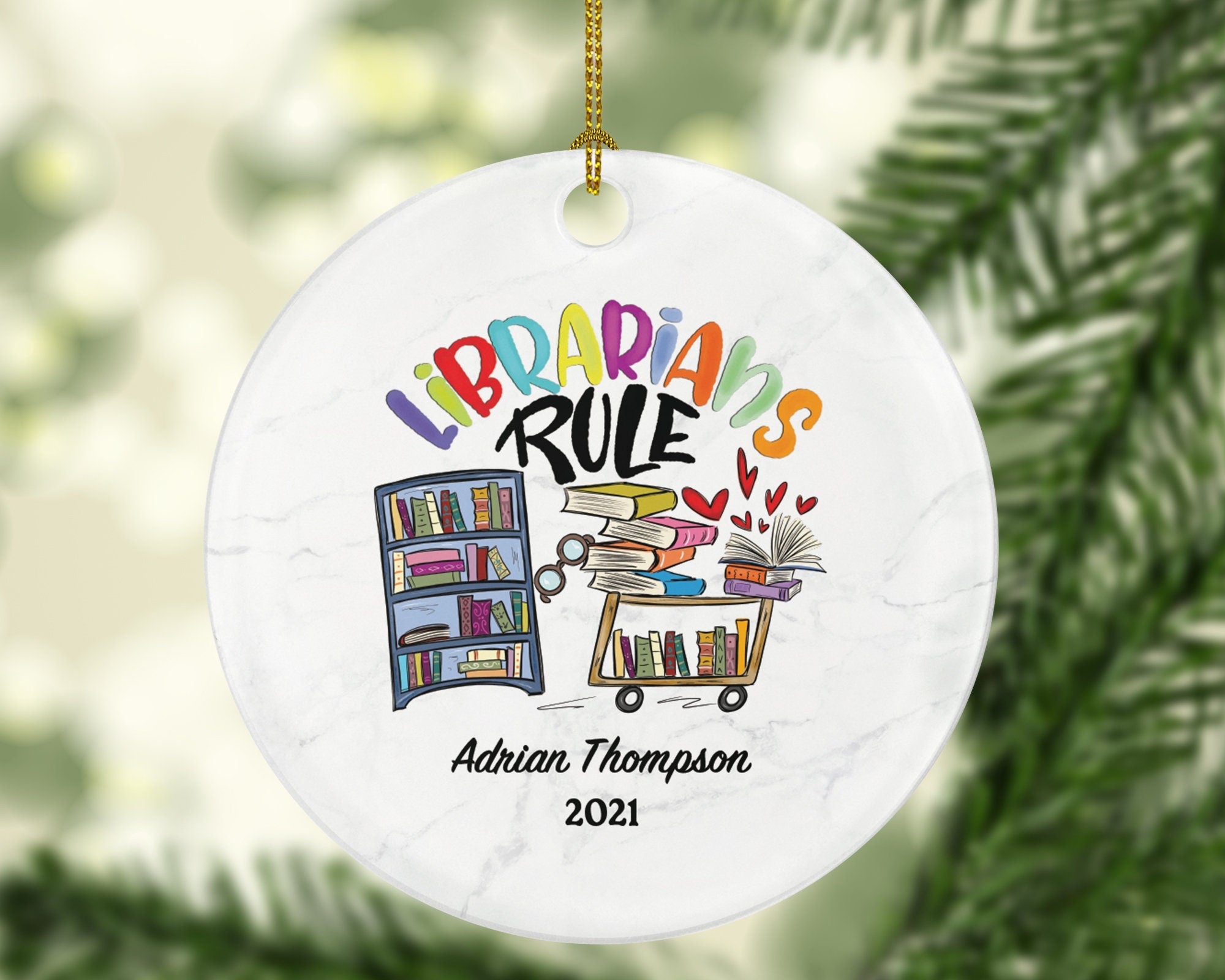 Librarian Christmas Ornament Personalized, Library Worker Bookworm Gift Custom Name