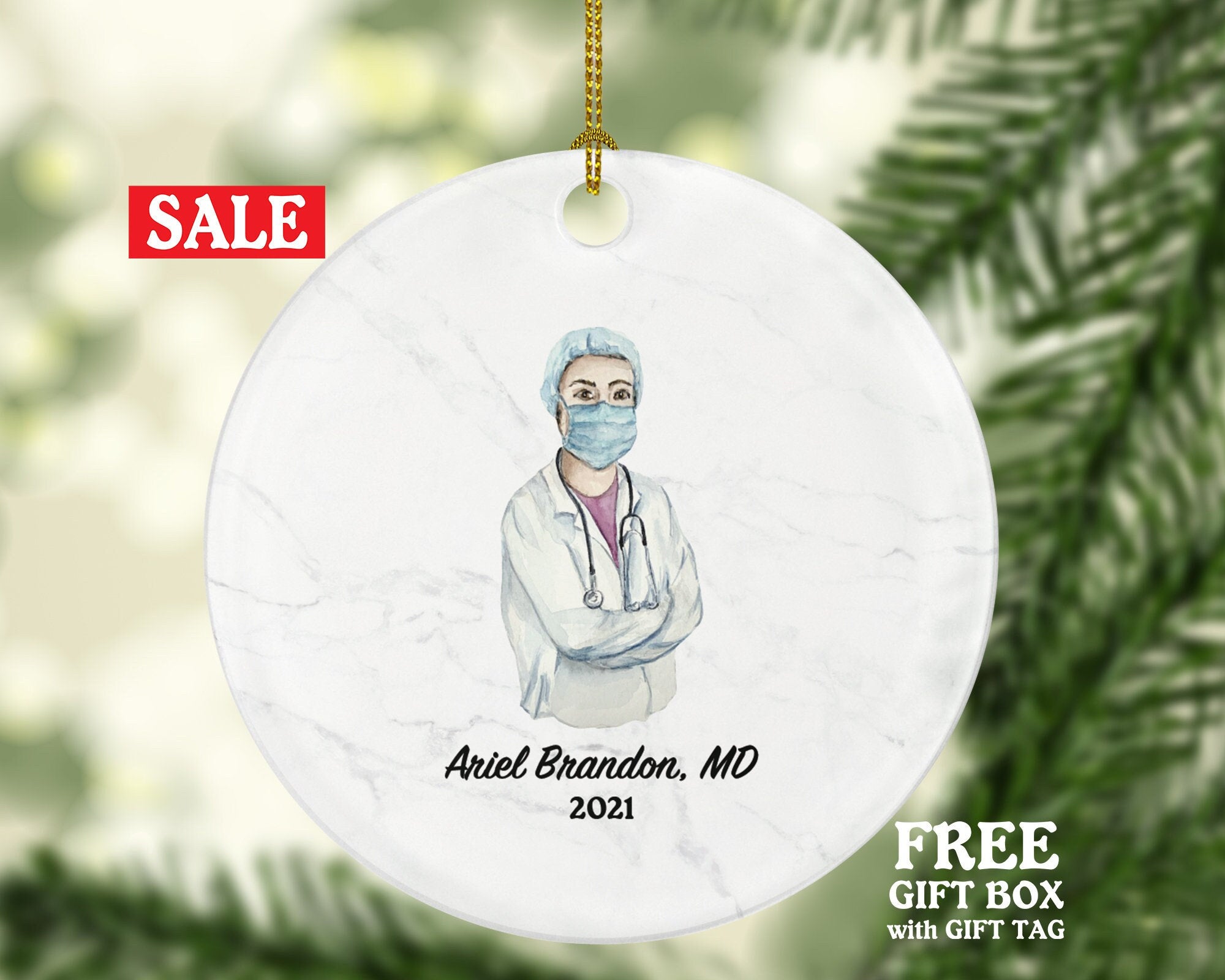 Doctor Female Christmas Ornament Personalized, Medical Doctor Operator Surgeon Health Worker Gift from Patient for Physician Practitioner MD