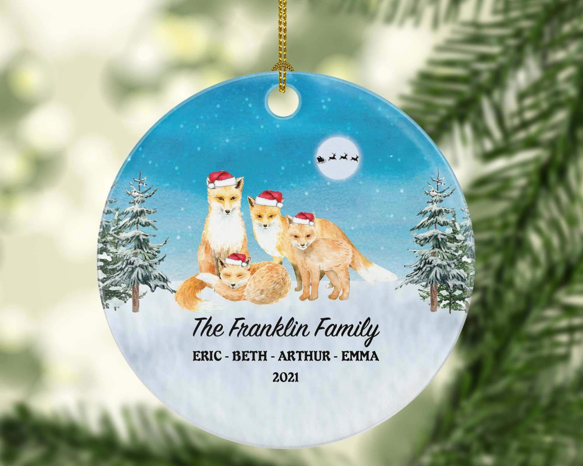 Personalized Family of 4 Christmas Ornaments Fox Foxes Family Custom Names Watercolor Family of Four First Ornament Gift for with Kids Xmas