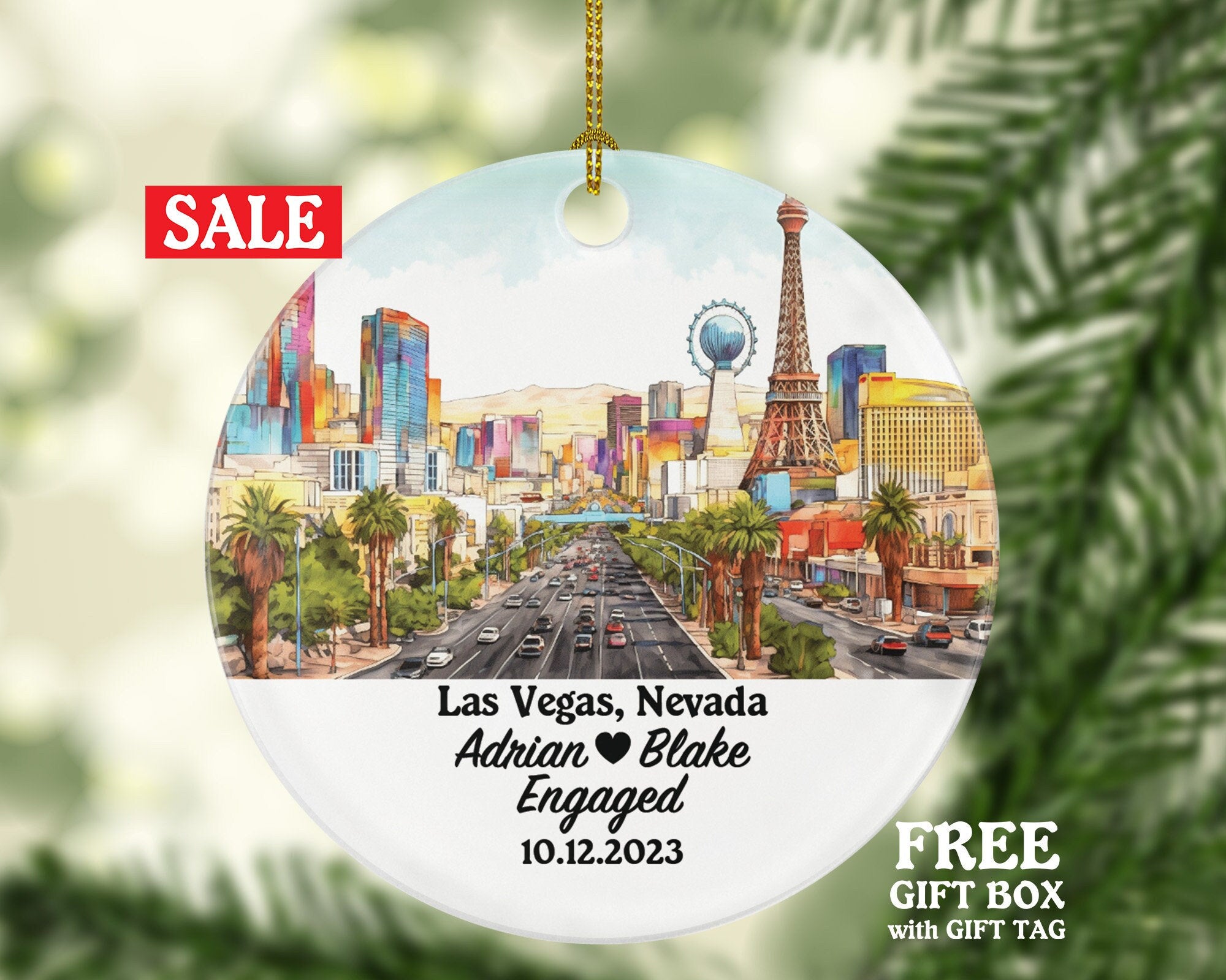 Las Vegas Nevada Christmas Ornament Personalized - NV Engaged Married Family Together Couple Travel Honeymoon Wedding Engagement Marriage