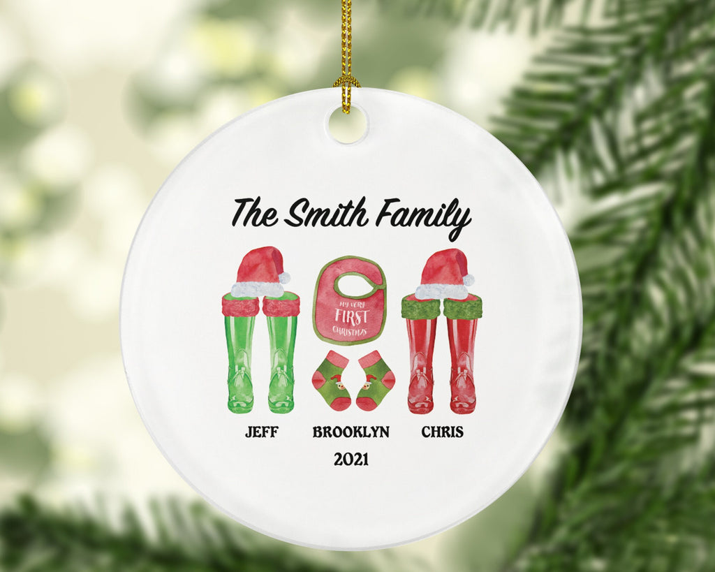 Family of 3 Christmas Ornament Personalized - New Parents Mother Father Child Girl Boy Mom Dad of Infant Newborn Baby Gift - Boots, Hats