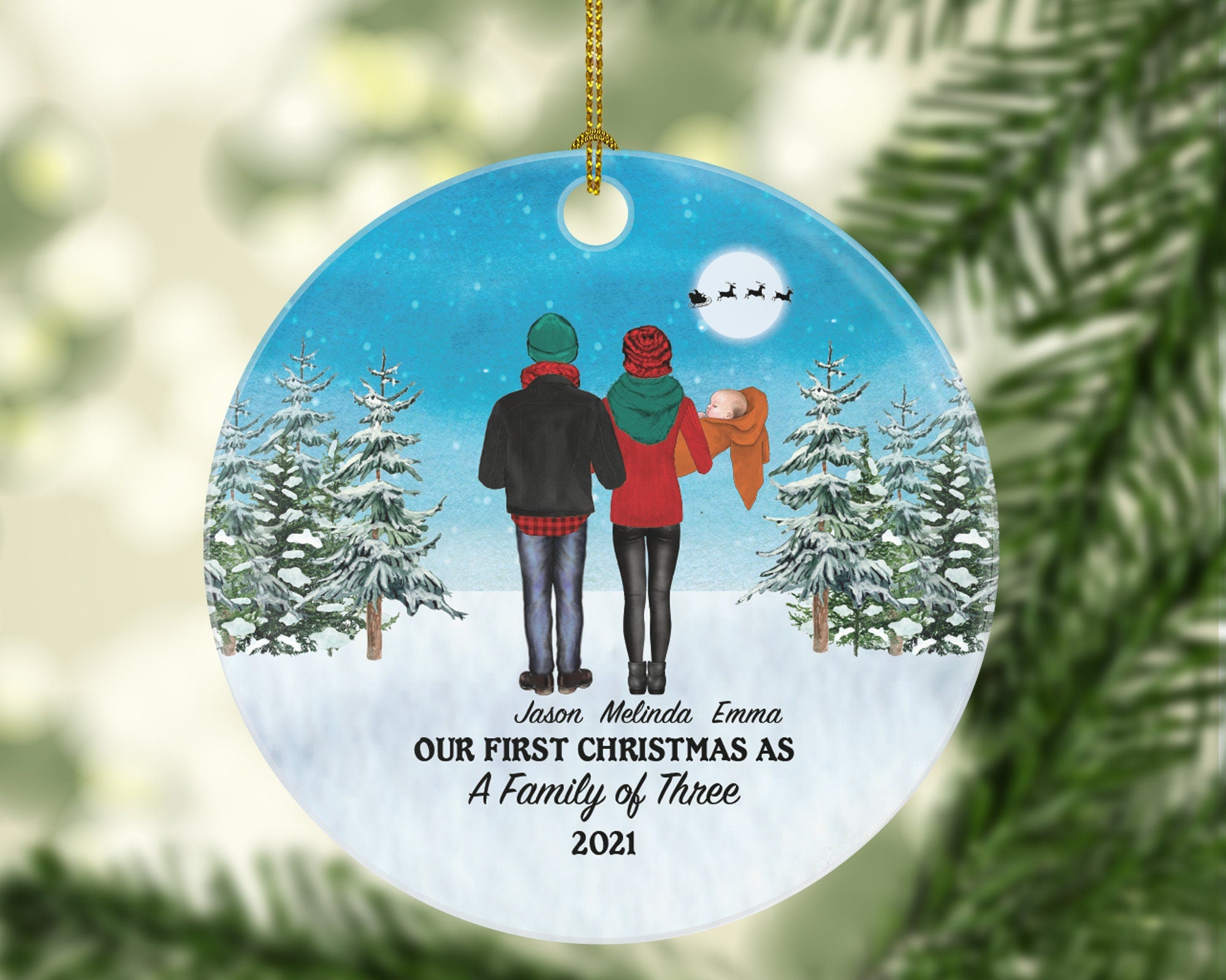 Our First Christmas as a Family of 3 Ornament - Infant Newborn Baby Girl Boy Parents Mother Father Mom Dad Gift Winter