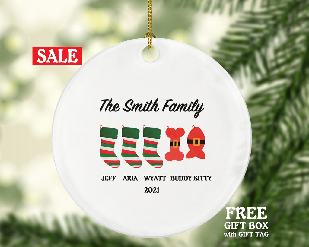 Family Personalized Christmas Ornament - Stockings Christmas Socks Holiday Gift Custom Names Family of 2 3 4 5 - Pet Cat Dog Family