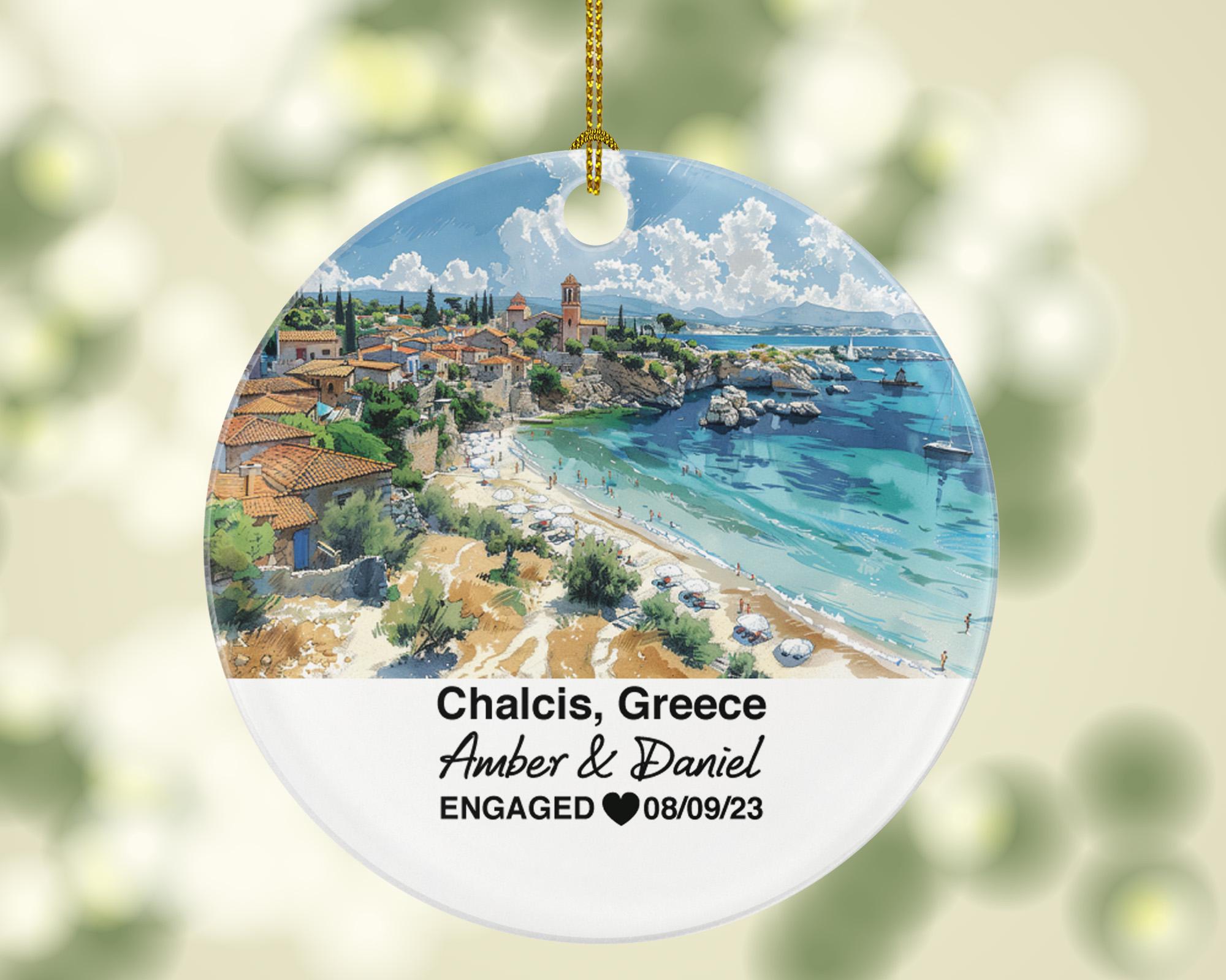Chalcis Greece Round Ceramic Christmas Ornament – Personalized Holiday Keepsake, Custom Couple Gift for Wedding or Honeymoon