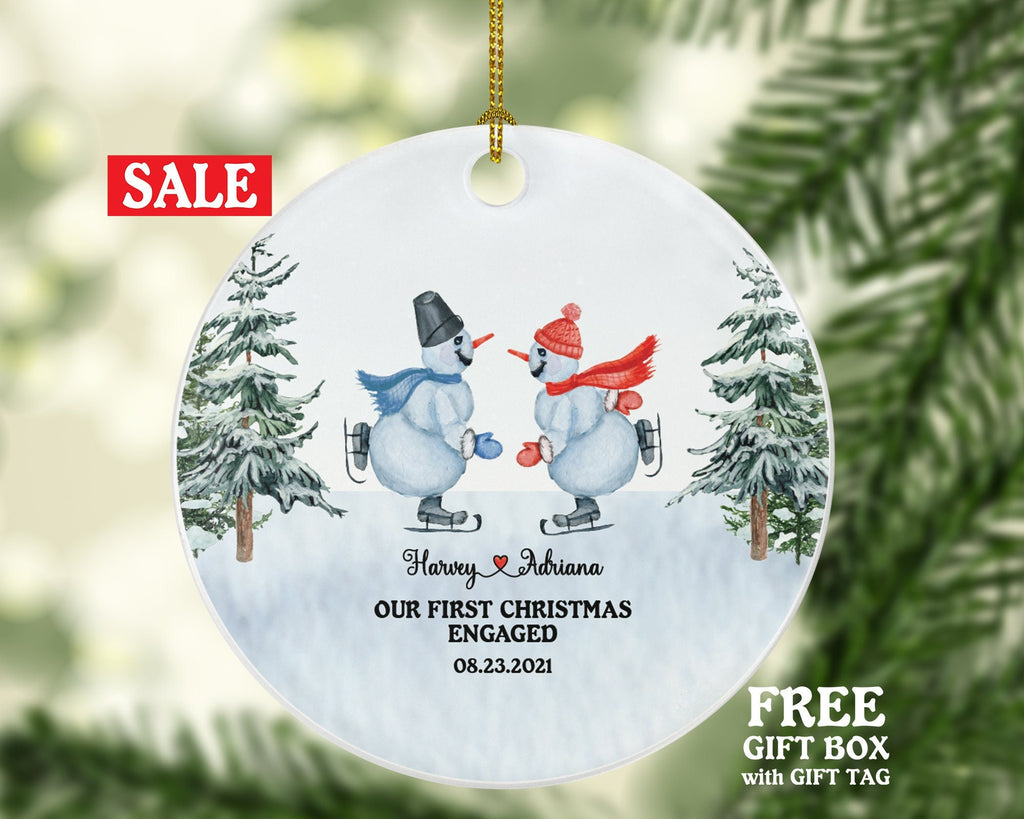 First Christmas Engaged Personalized Ornament - Engagement Announcement Couple Gift - Snowmen