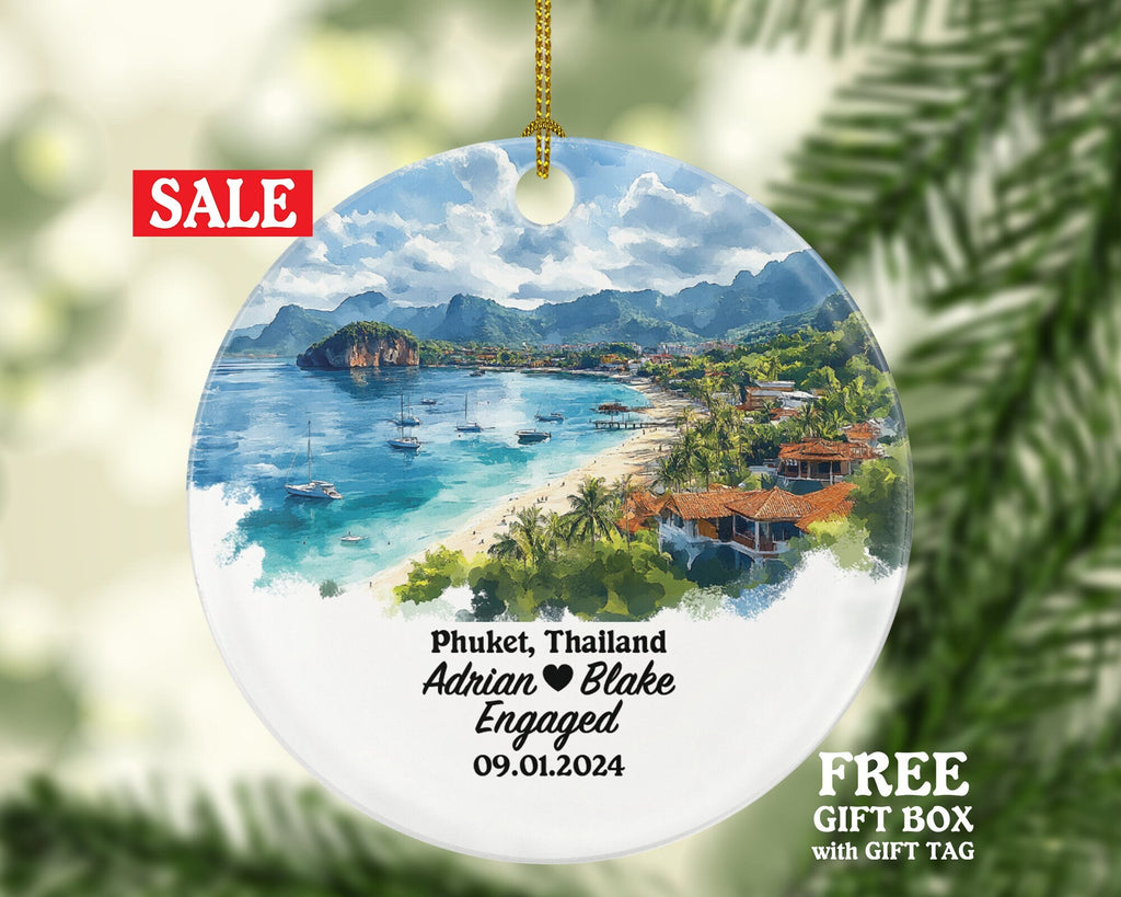 Phuket Christmas Ornament Personalized - Thailand Engaged Married Family Together Couple Travel Honeymoon Engagement Marriage