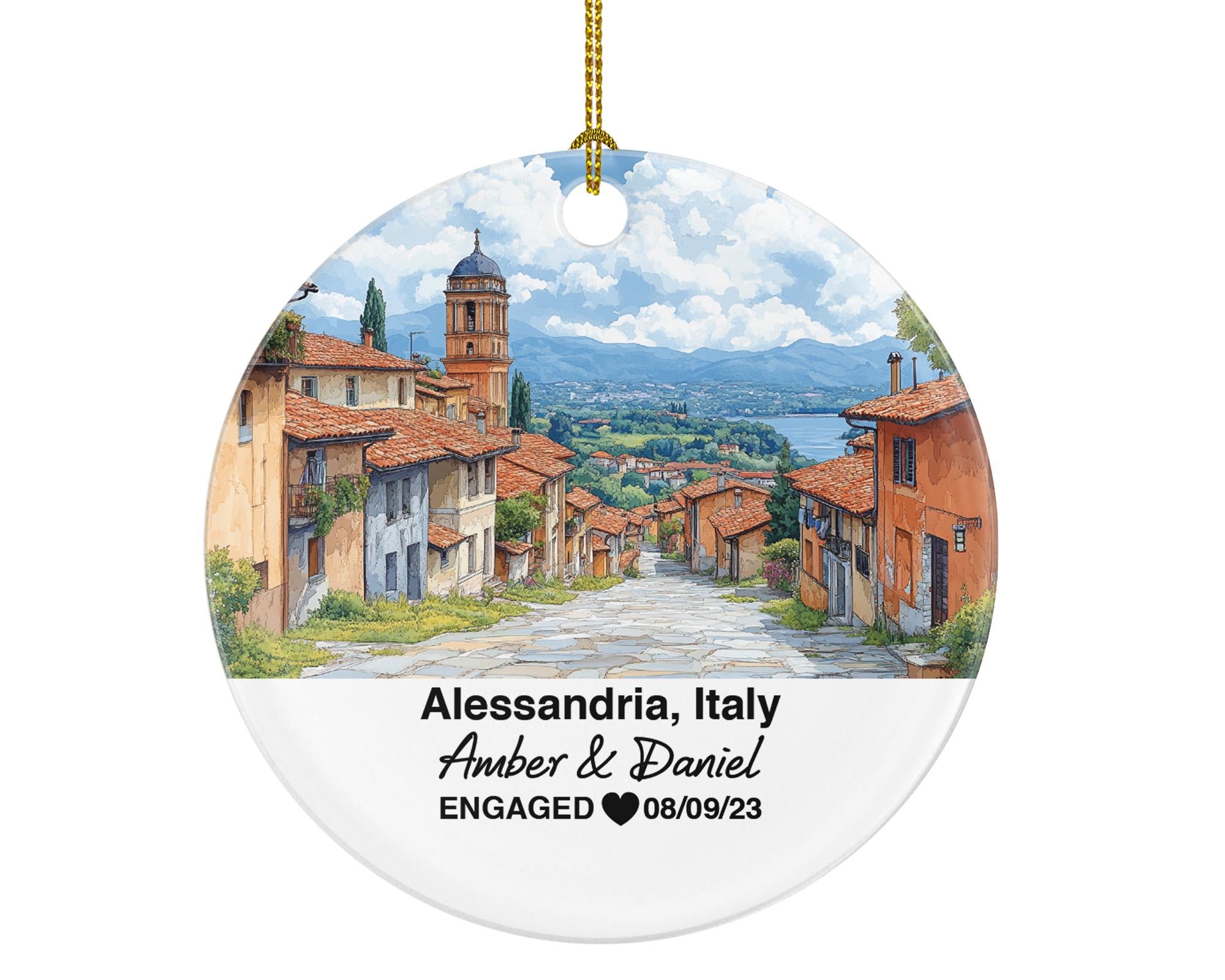 Personalized Alessandria Italy Christmas Ornament, Tanaro River, Mr & Mrs Wedding, Engagement, or Honeymoon Keepsake for Couples