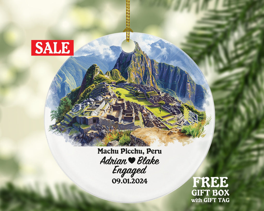 Machu Picchu Christmas Ornament Personalized - Peru Engaged Married Family Together Couple Travel Honeymoon Engagement Marriage