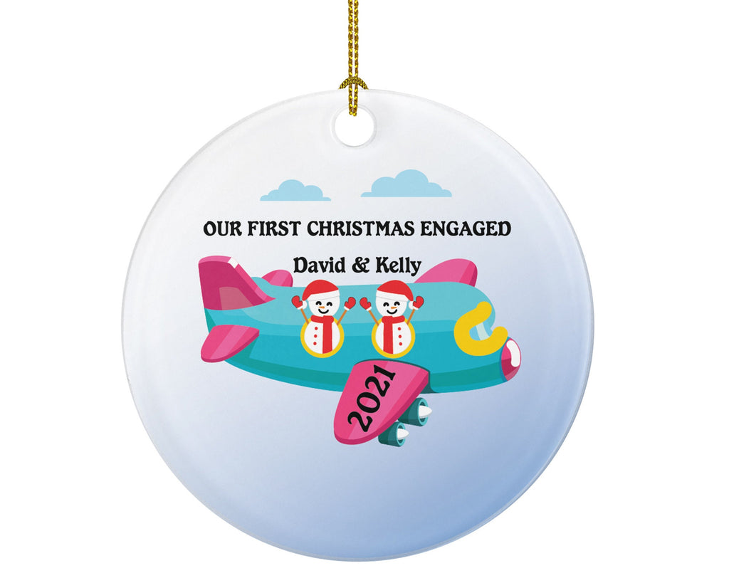Our First Christmas Engaged Airplane Ride Vacation Personalized Christmas Ornament, Engagement Christmas Ornament, Newly Engaged Travel