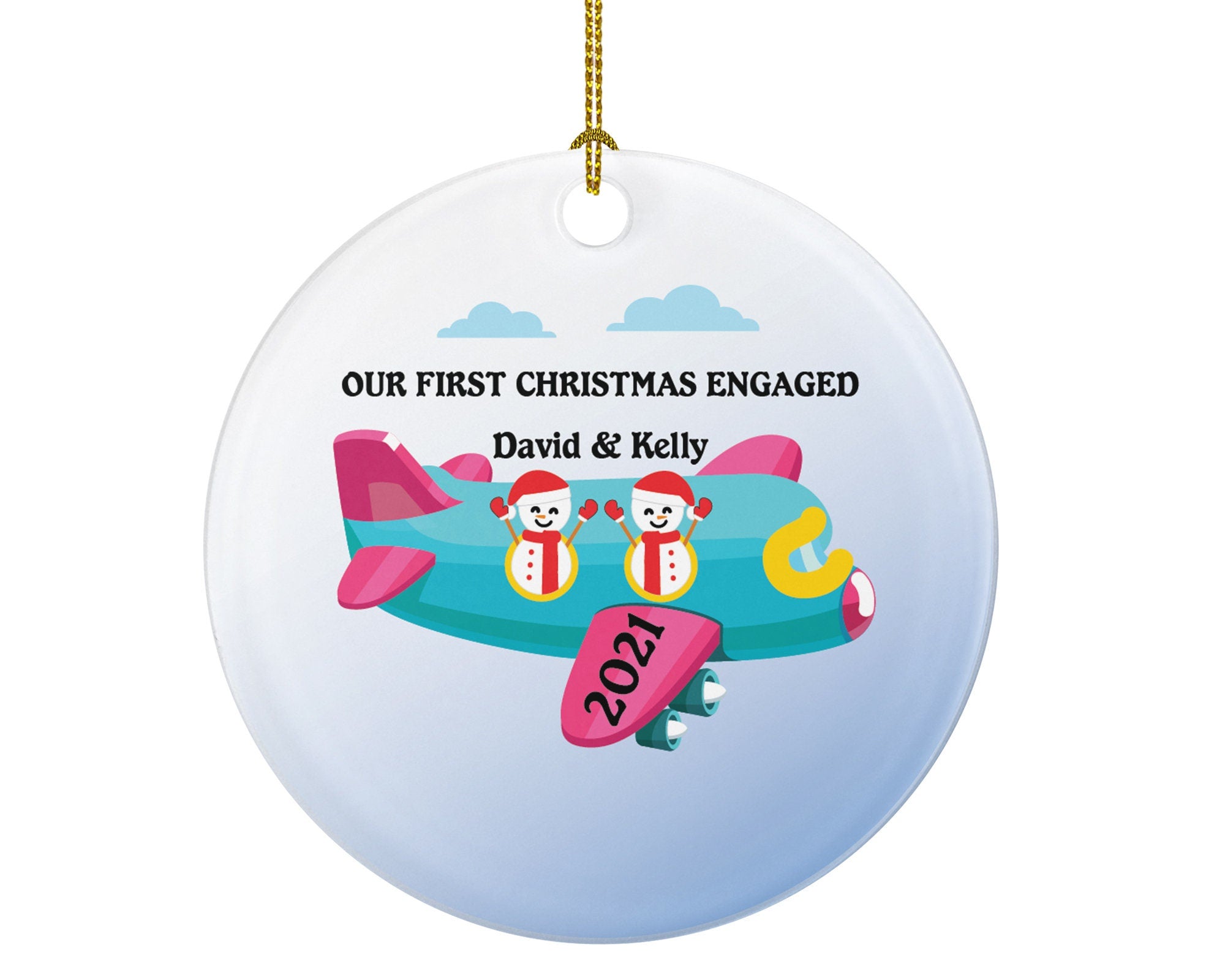 Our First Christmas Engaged Airplane Ride Vacation Personalized Christmas Ornament, Engagement Christmas Ornament, Newly Engaged Travel