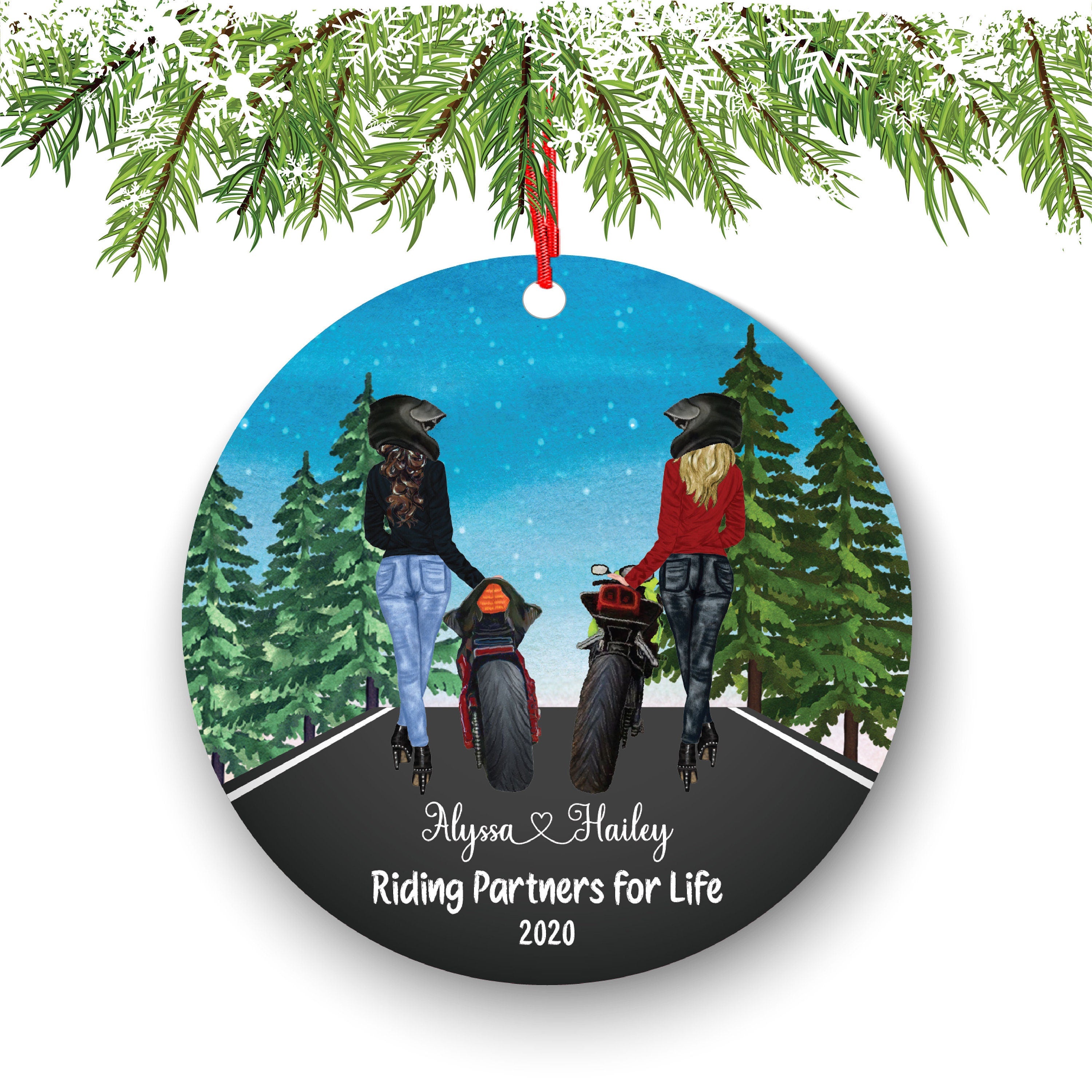 Biker Motorcyclist Personalized Christmas Ornament Motorcycle Rider Girl Female Friends Ride Live Watercolor Dirt bike Motocross Besties