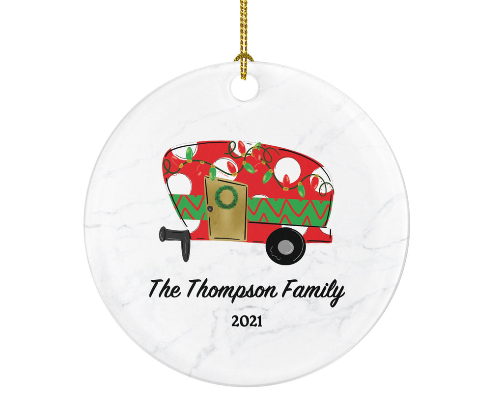 Camping Pull Trailer RV Camper Family Christmas Ornament - Personalized Vacation Red Recreational Gift