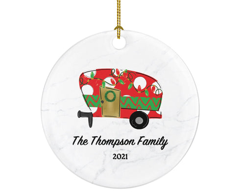 Camping Pull Trailer RV Camper Family Christmas Ornament - Personalized Vacation Red Recreational Gift