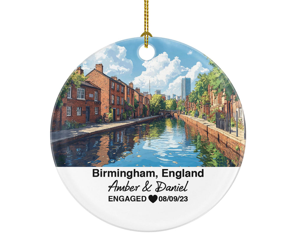 Birmingham England Round Ceramic Christmas Ornament – Personalized Victoria Square Keepsake, Custom Couple Gift for Wedding or Honeymoon