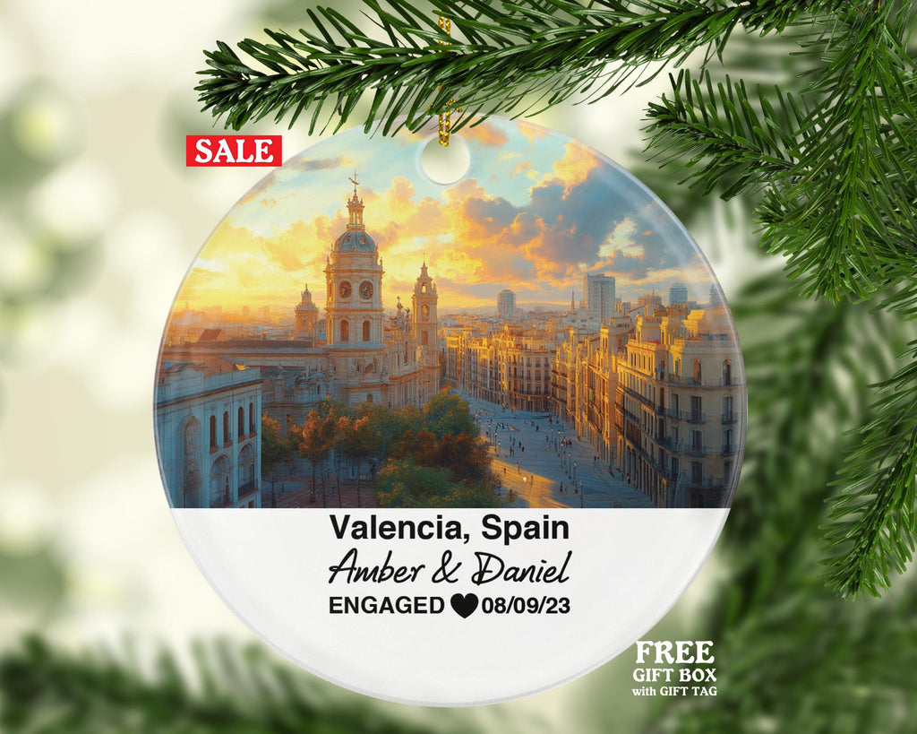 Valencia Spain Round Ceramic Christmas Ornament – Personalized Holiday Keepsake, Custom Couple Gift for Wedding or Honeymoon