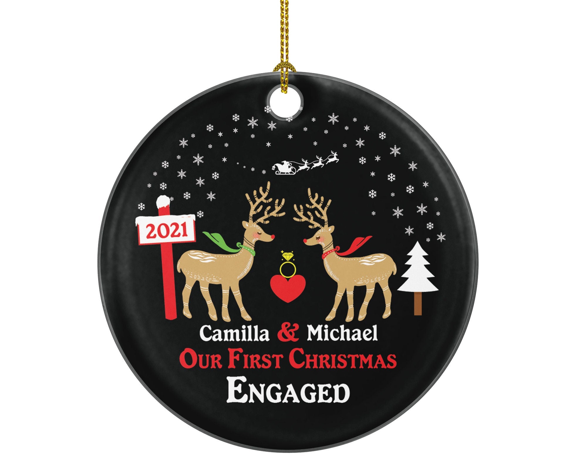 Personalized Engaged Christmas Ornament - Engagement Couple Gift Our First Future Husband Wife Newly Just She Said Yes Deer Reindeer Name