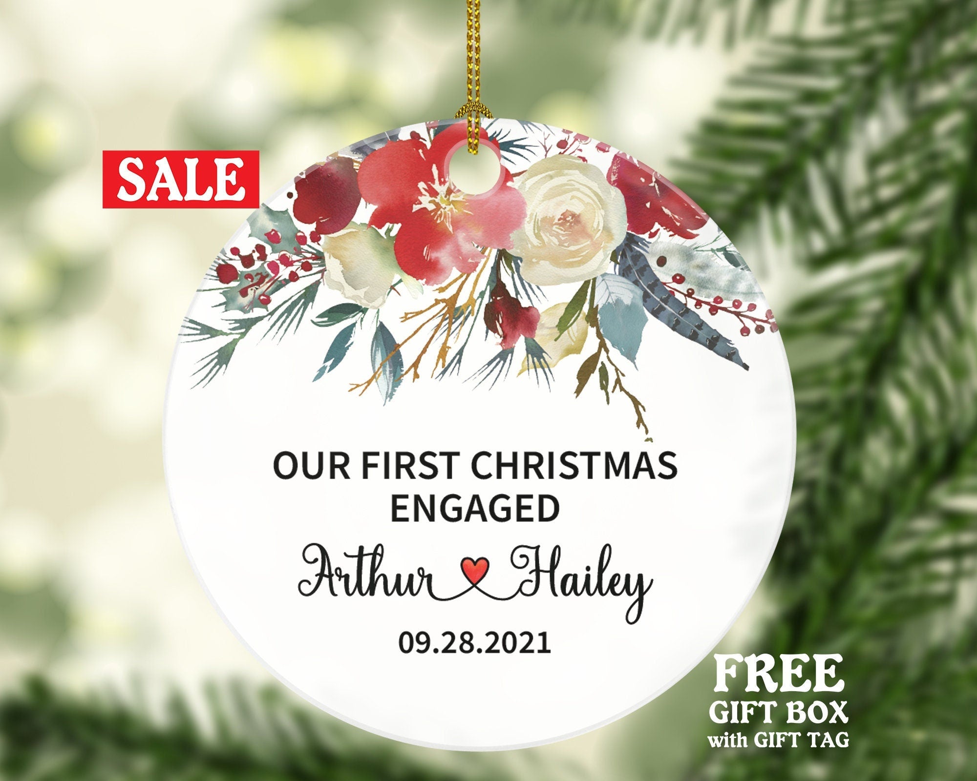 First Christmas Engaged Custom Ornament - Personalized Engagement Announcement Couple Gift - Custom Date Name - Future Husband Wife