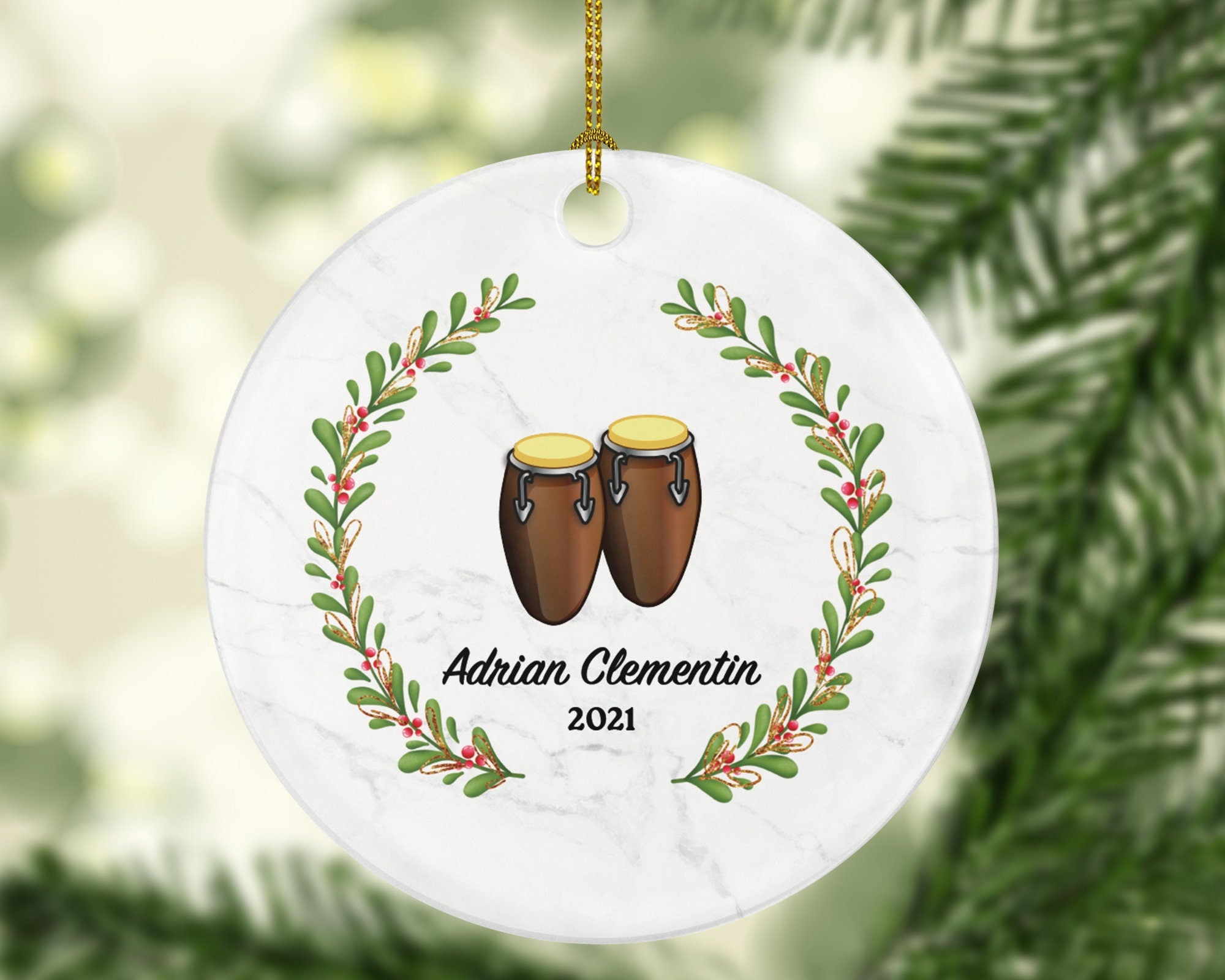 Bongo Drum Instrument Christmas Ornament Personalized - Musical Instrument Player Music Lover Custom Holiday Gift for Musician