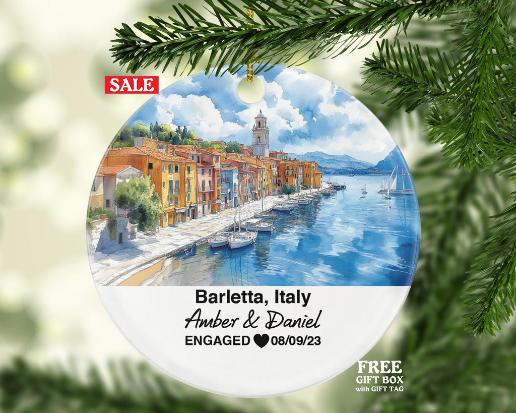 Personalized Barletta Italy Christmas Ornament, Santa Maria Maggiore, Mr & Mrs Wedding, Engagement, or Honeymoon Keepsake for Couples