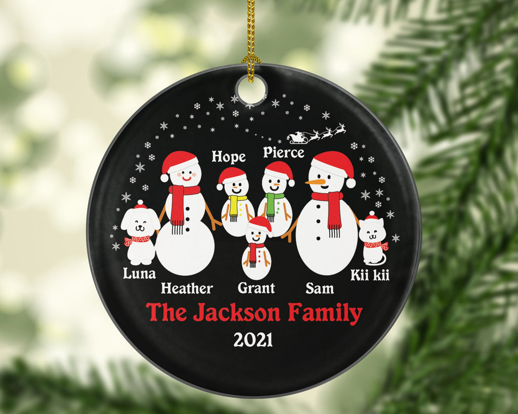 Family of 5 Personalized Ornament with Cat Dog Pet, 5 Snowmen Personalized Christmas ornament, Snowman family ornament, Big Family Christmas