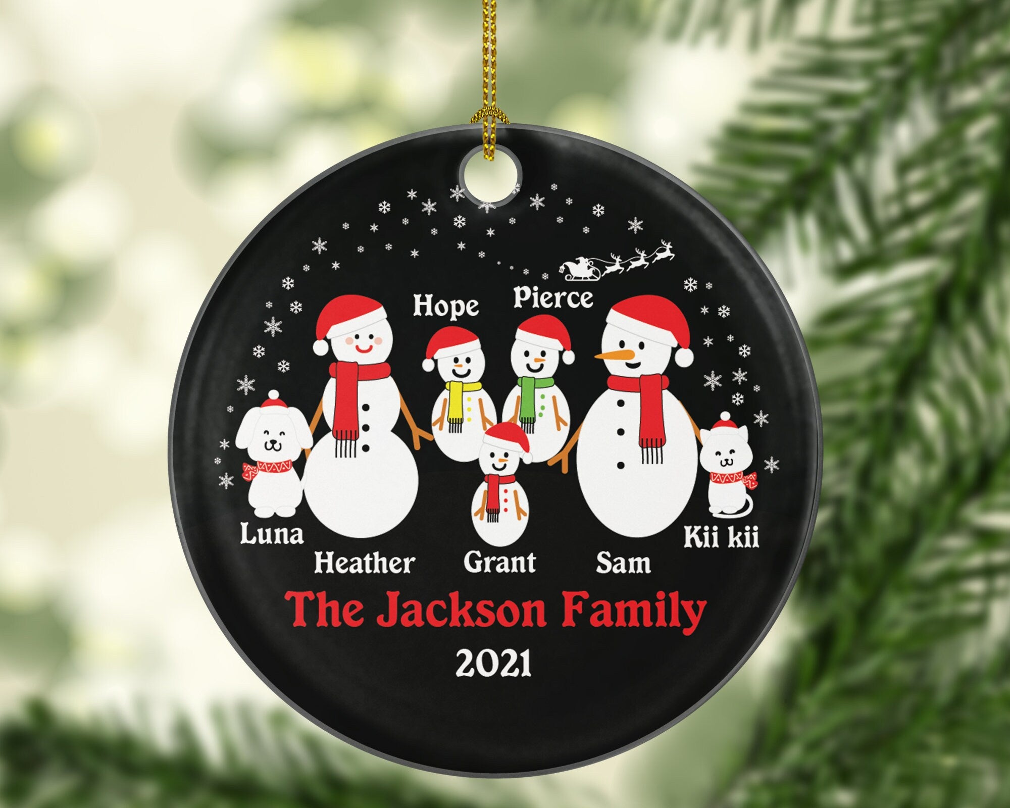 Family of 5 Personalized Ornament with Cat Dog Pet, 5 Snowmen Personalized Christmas ornament, Snowman family ornament, Big Family Christmas