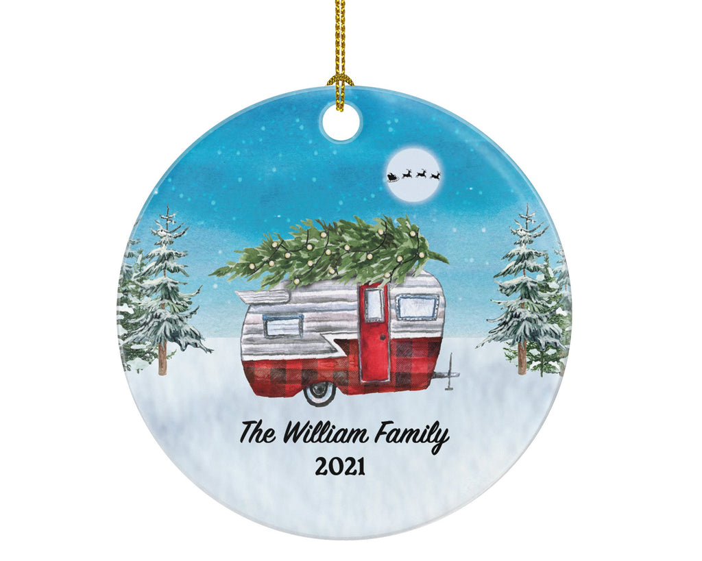 Camping Pull Trailer RV Camper Family Christmas Ornament - Personalized Vacation Red Lumberjack Recreational Gift Vintage