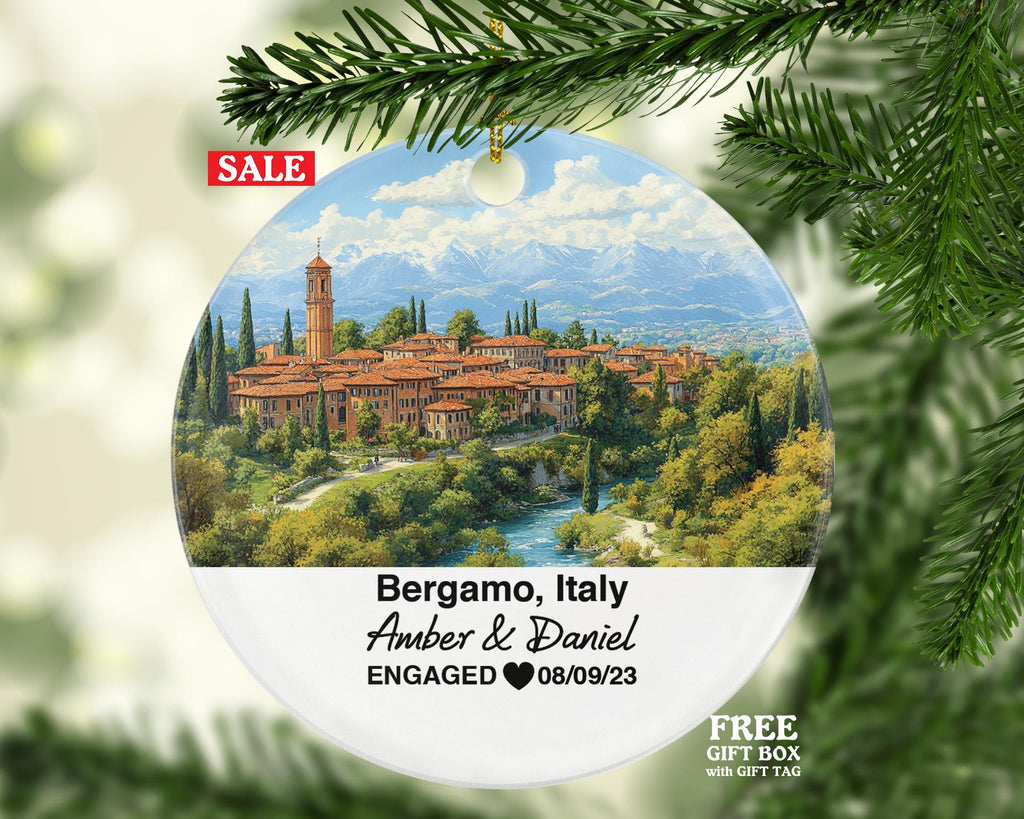 Personalized Bergamo Italy Christmas Ornament, Piazza Vecchia, Campanone, Mr & Mrs Wedding, Engagement, or Honeymoon Keepsake for Couples