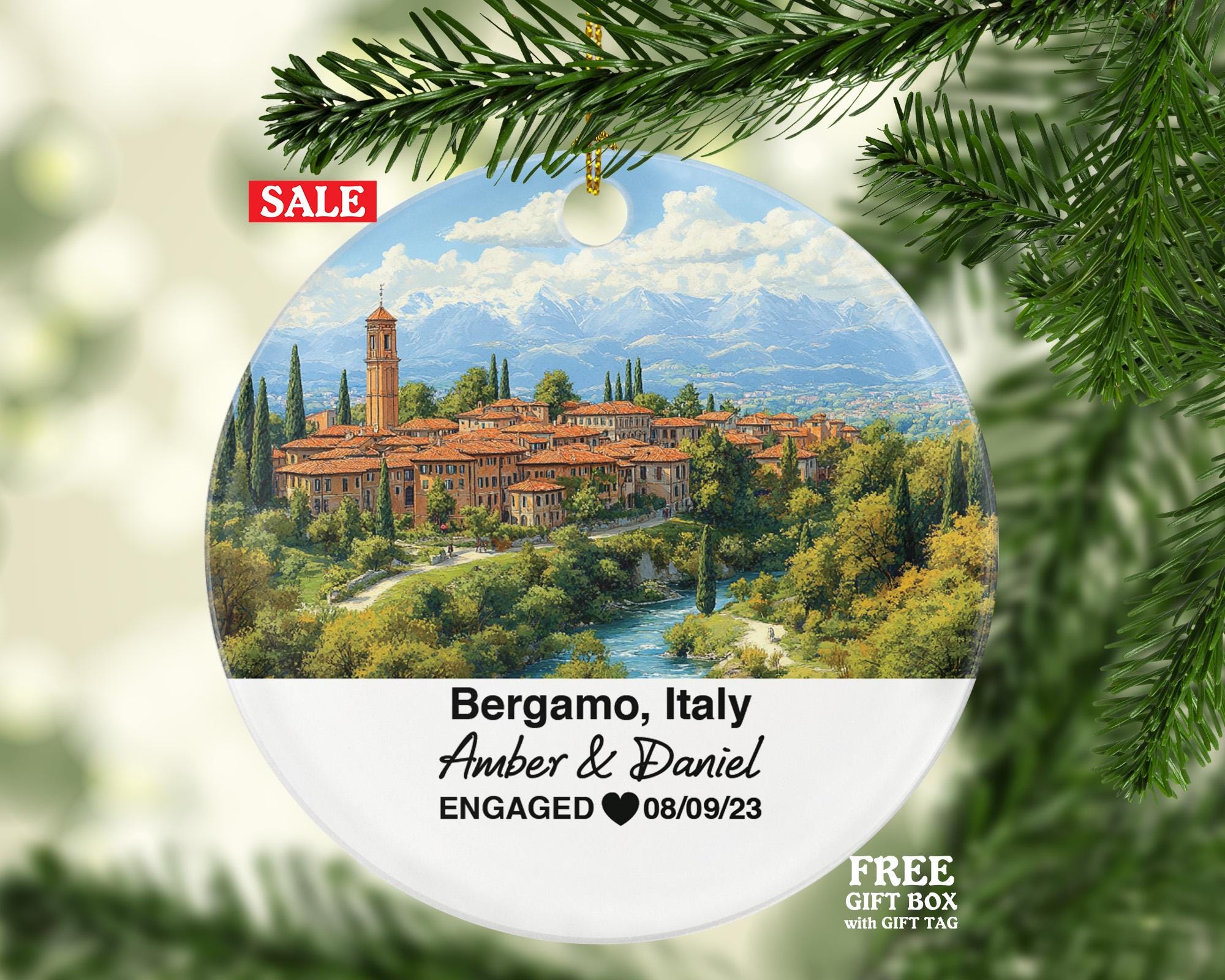 Personalized Bergamo Italy Christmas Ornament, Piazza Vecchia, Campanone, Mr & Mrs Wedding, Engagement, or Honeymoon Keepsake for Couples