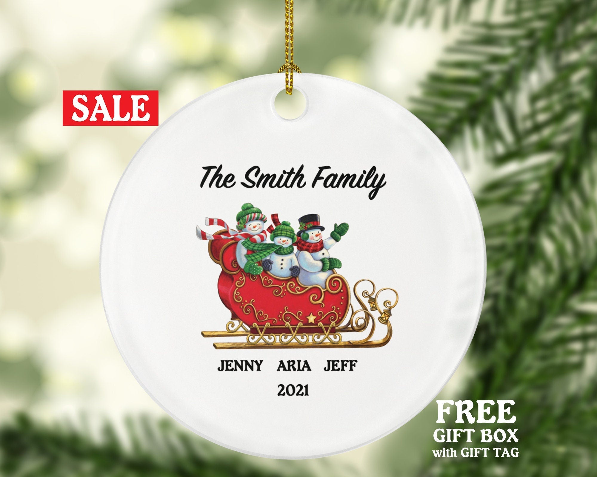 Family of 3 Christmas Ornament Personalized - Parents Mother Father Child Girl Boy Mom Dad Gift - Snowmen Family in Sleigh