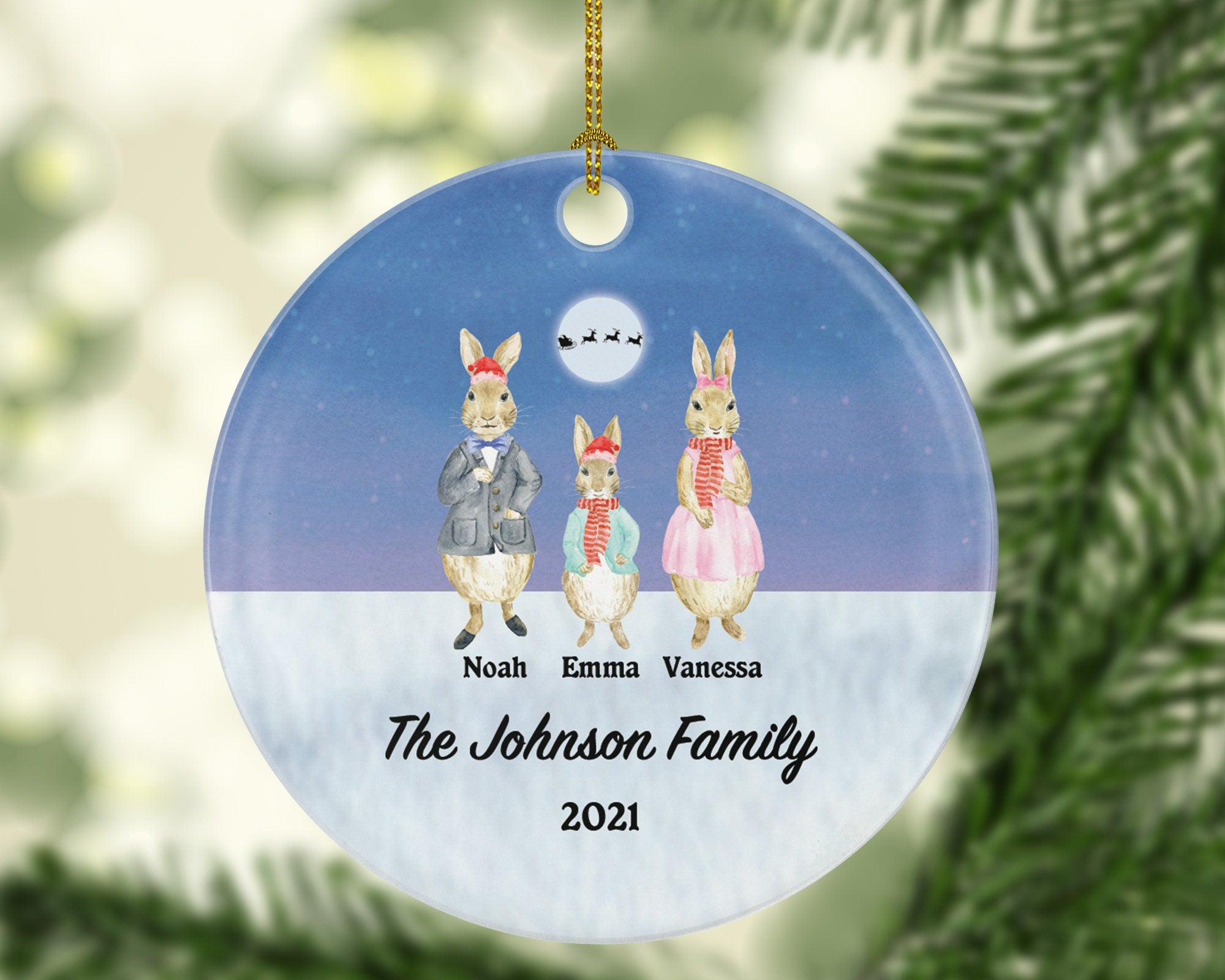 Family of 3 4 5 6 7 Personalized Christmas Ornament - Three Four Five Six Seven Custom Rabbit Mom Dad Kids Children Gift