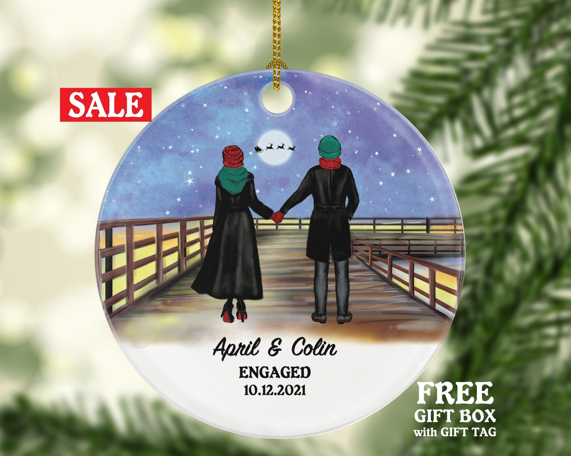 Engaged Christmas Ornament - Personalized Engagement Announcement Our First Christmas - Couple Gift - Custom Date and Name