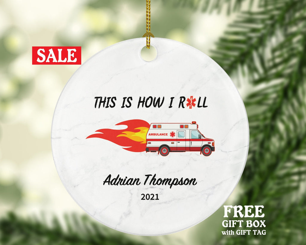 Ambulance Driver Christmas Ornament Personalized - Fist Responder, Ambulance, Ride the EMT Custom Name Year Holiday Gift