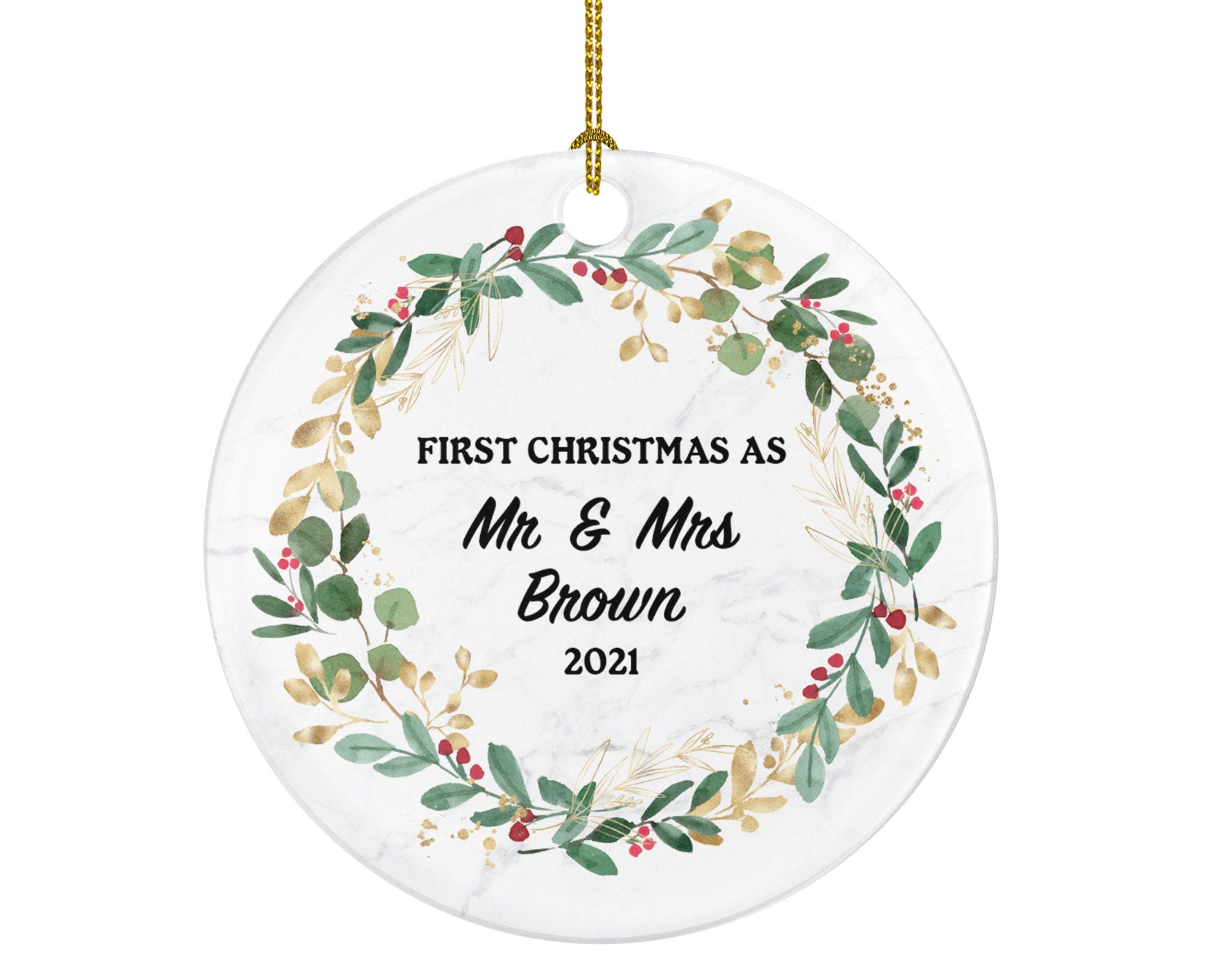 First Christmas as Mr & Mrs Married Couple Christmas Ornament Personalized - Newlywed Christmas First Custom Gift - Greenery