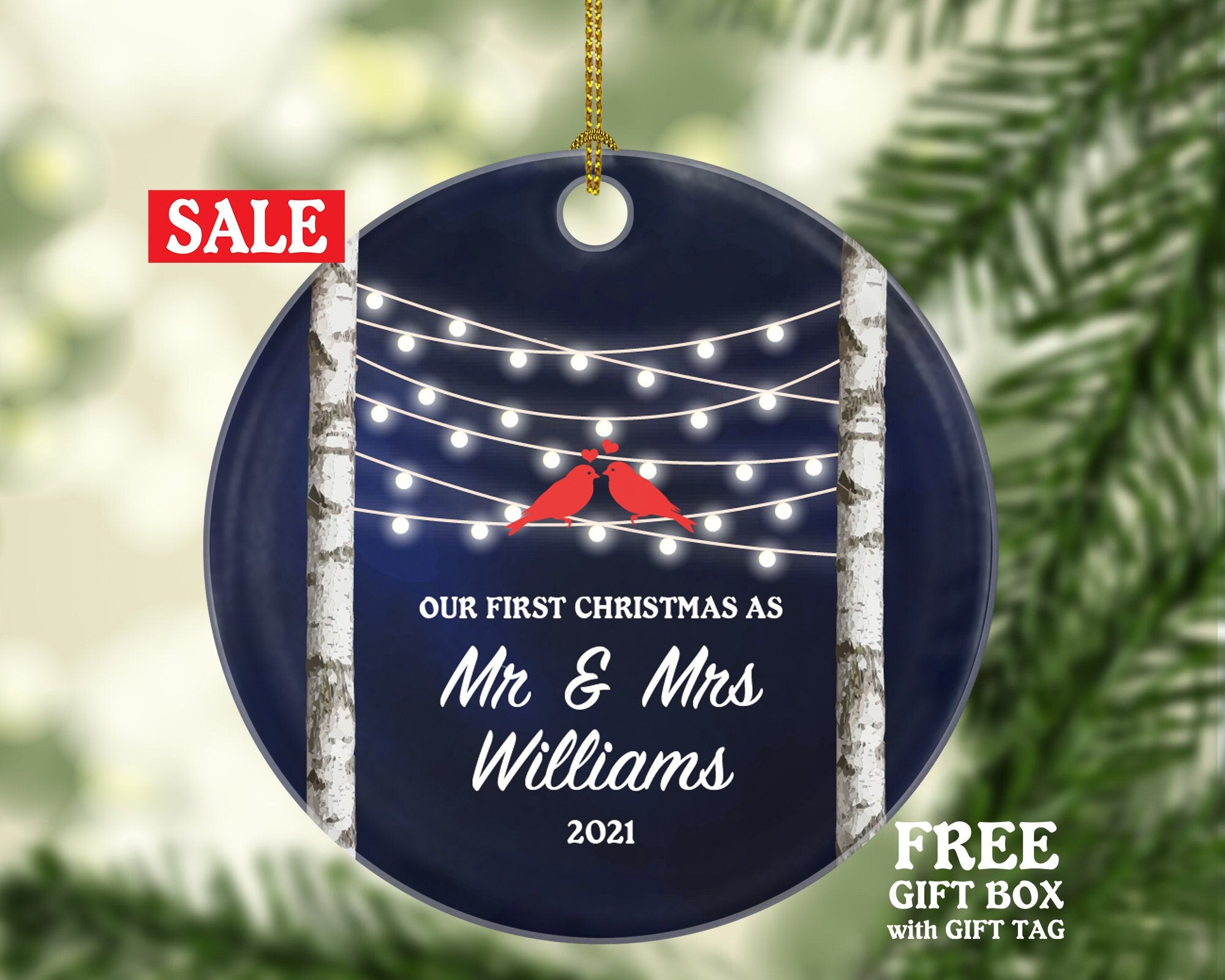 Our First Christmas as Mr & Mrs Couple Personalized Ornament - Newlywed Mr. and Mrs. Wedding Birds Couple Just Married Marriage Gift