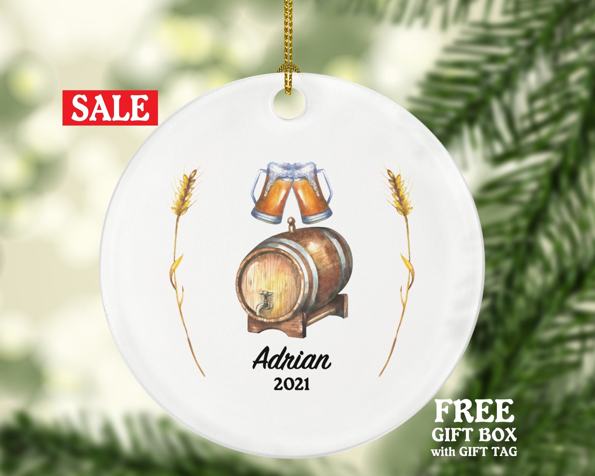 Beer Lover Christmas Ornament Personalized, Beer Drinker, Beer Keg Mug of Beer, Turning 21 Ornament,