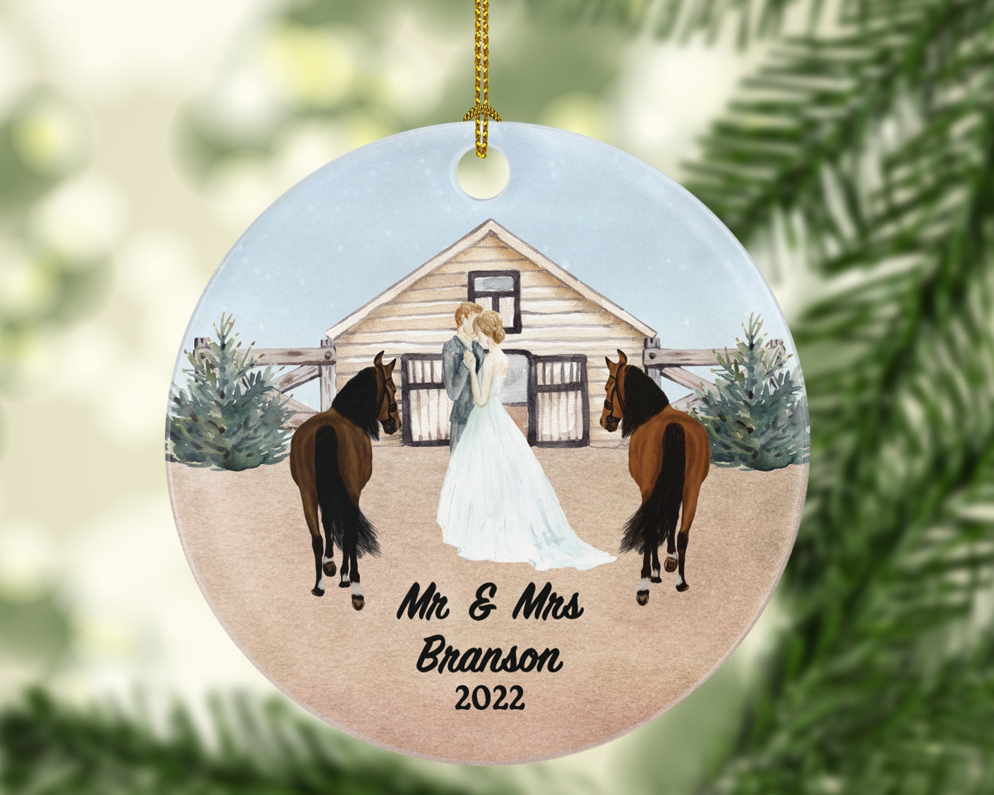 Married Couple with Horse Ranch Farm Wedding and Mr & Mrs Ornament Personalized Newlywed First Christmas as Mr. and Mrs. Wedding Custom Gift