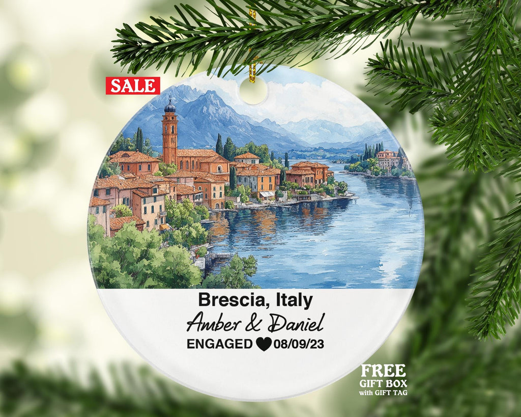 Custom Brescia Italy Christmas Ornament, Piazza della Loggia, Personalized Mr & Mrs Wedding, Engagement, or Honeymoon Keepsake for Couples
