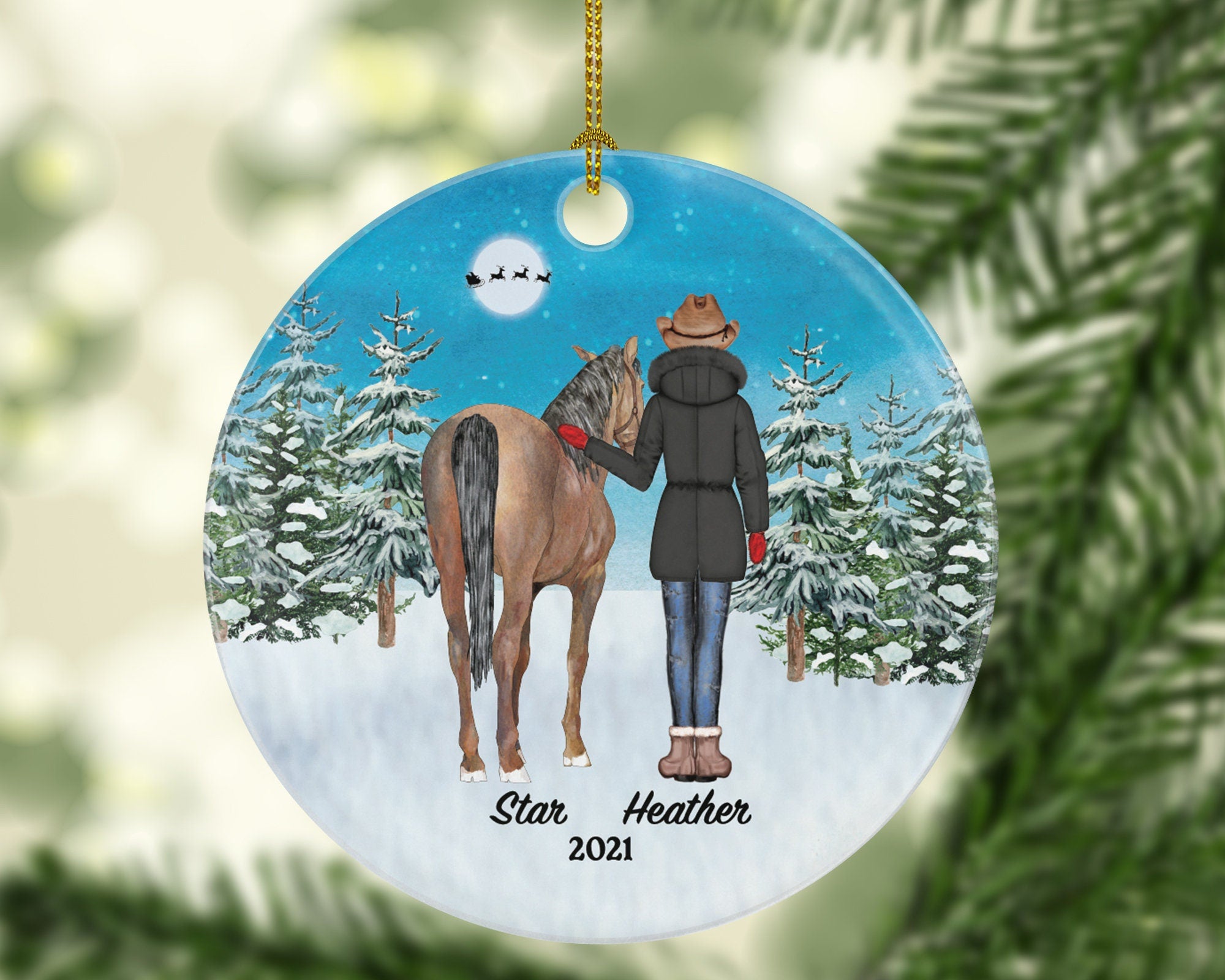 Horse and Female Rider Christmas Ornament Personalized | Riding a Horse Lover Gift Girl Female on a Horse Custom Names