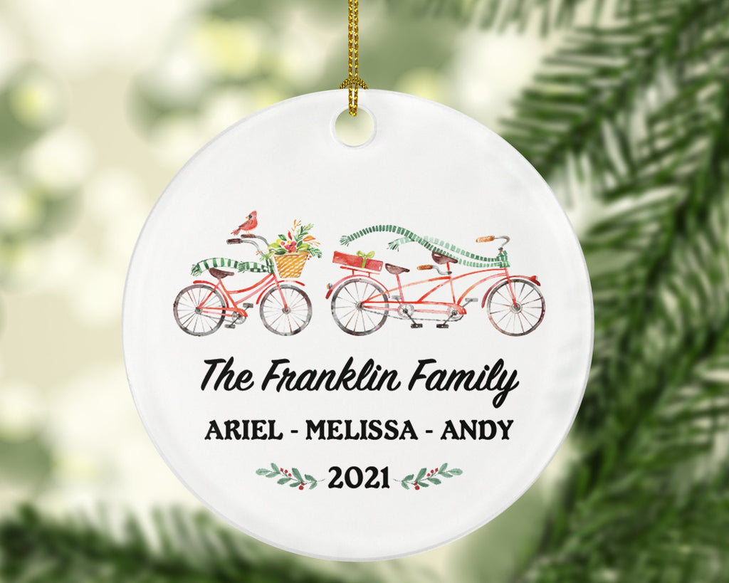 Family of 3 Personalized Christmas Ornament - Bicycle Bike Tandem Customized Holiday Gift Custom Names Outdoor Activity Mother Father Child