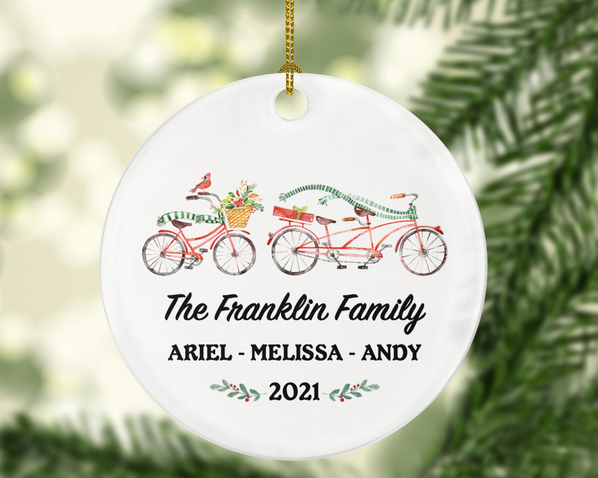 Family of 3 Personalized Christmas Ornament - Bicycle Bike Tandem Customized Holiday Gift Custom Names Outdoor Activity Mother Father Child