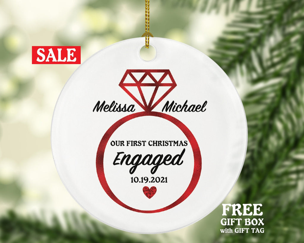 First Christmas Engaged Engagement Ring Personalized Ornament - Engagement Announcement Couple Gift - Custom Date Name - Diamond