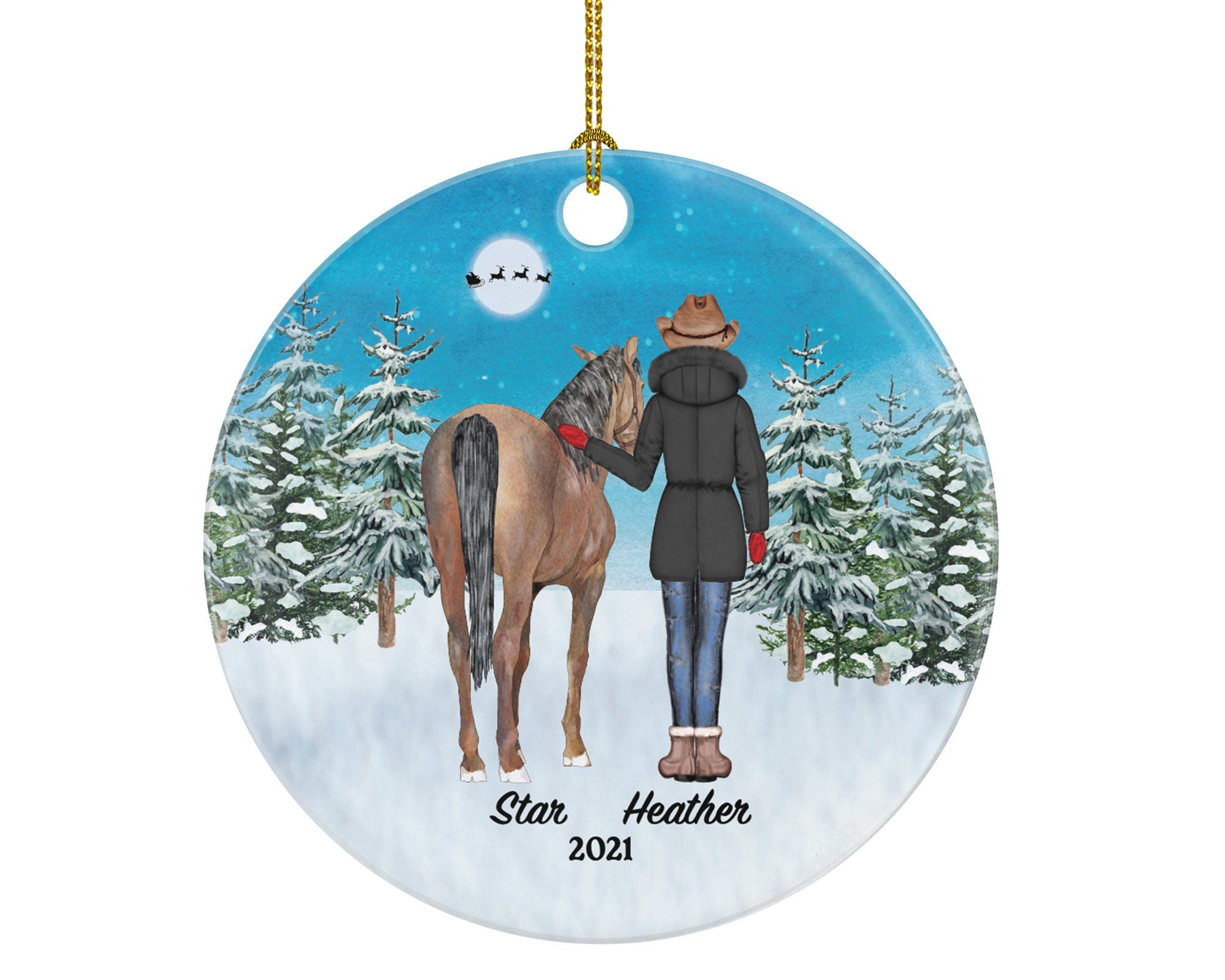 Horse and Female Rider Christmas Ornament Personalized | Riding a Horse Lover Gift Girl Female on a Horse Custom Names