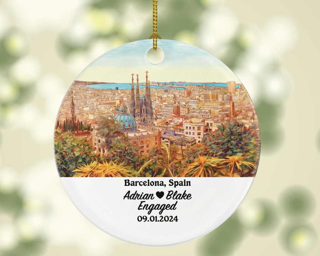 Barcelona Christmas Ornament Personalized - Spain Engaged Married Family Together Couple Travel Honeymoon Engagement Marriage