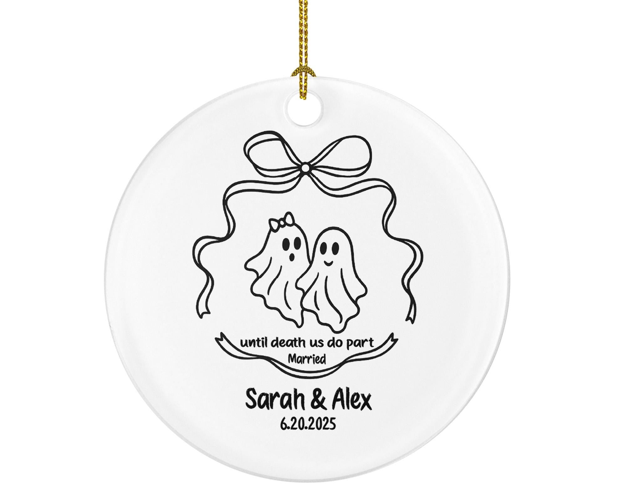 Minimalist Line Art Ghost Couple Wedding Ornament – "Until Death Us Do Part" Custom Married Keepsake Gift