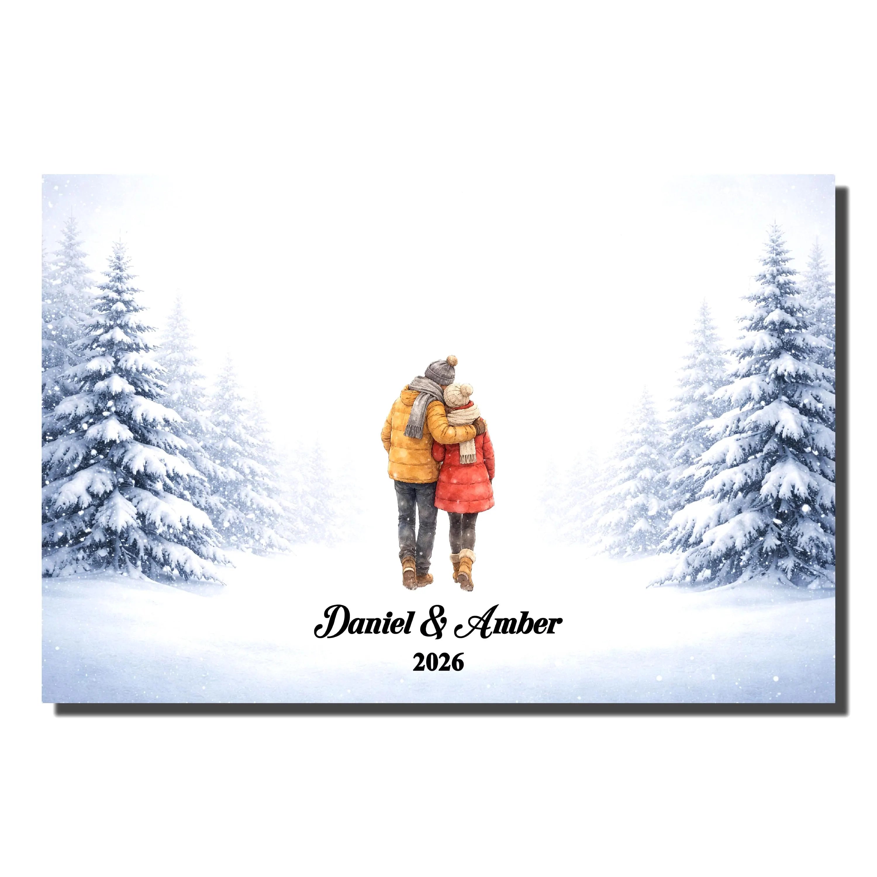 Personalized Couple in Snowy Scene Wall Art | Winter Landscape Print for Engaged, Married, Mr & Mrs, Anniversary | Aluminum Metal Print
