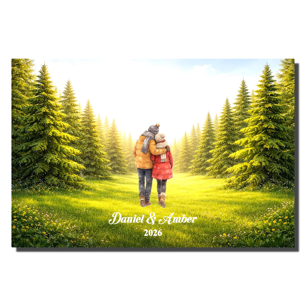 Custom Couple in Forest Wall Art | Green Nature Landscape Print for Engaged, Married, Mr & Mrs, Anniversary | Aluminum Metal Print