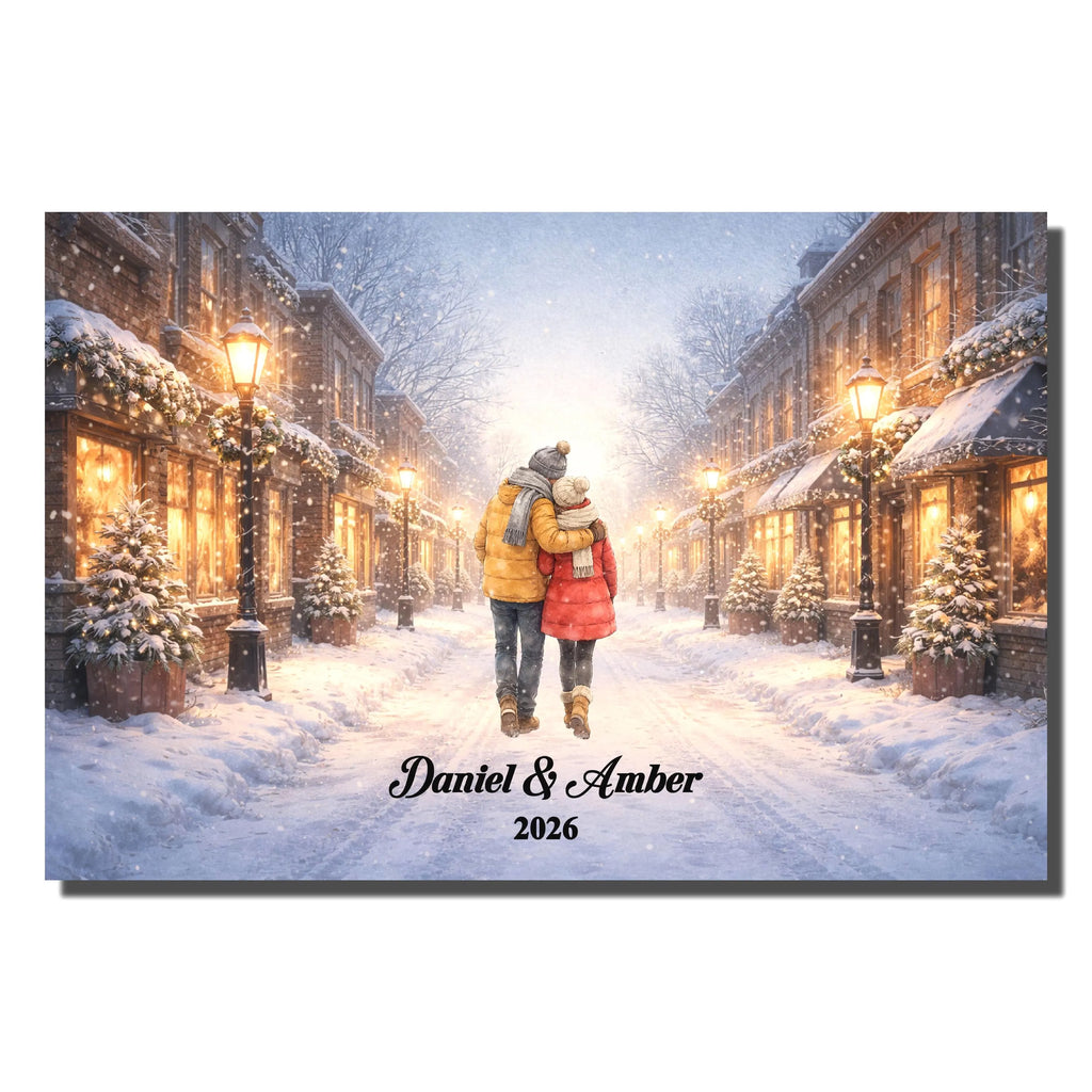 Custom Couple in Snowy City Wall Art | Winter Wall Art for Engaged, Married, Mr & Mrs, Anniversary | Aluminum Metal Print